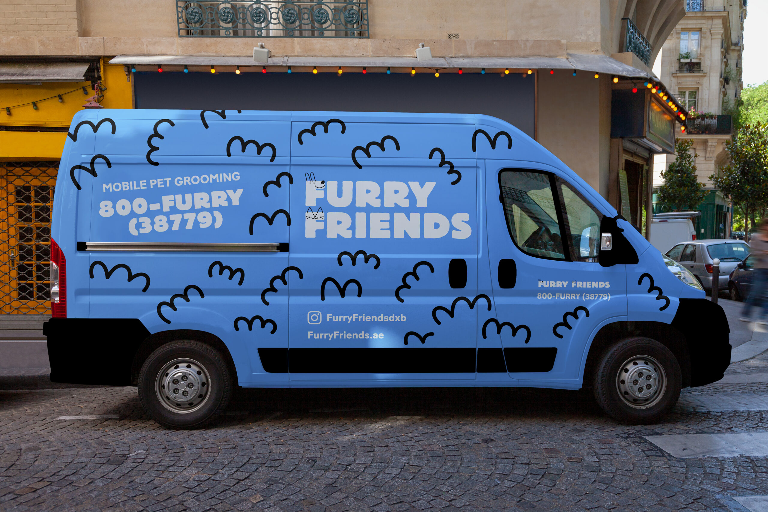 Branded van design for Furry Friends pet shop and grooming service, featuring playful patterns, bright colors, and a friendly visual identity to connect emotionally with pet owners.
