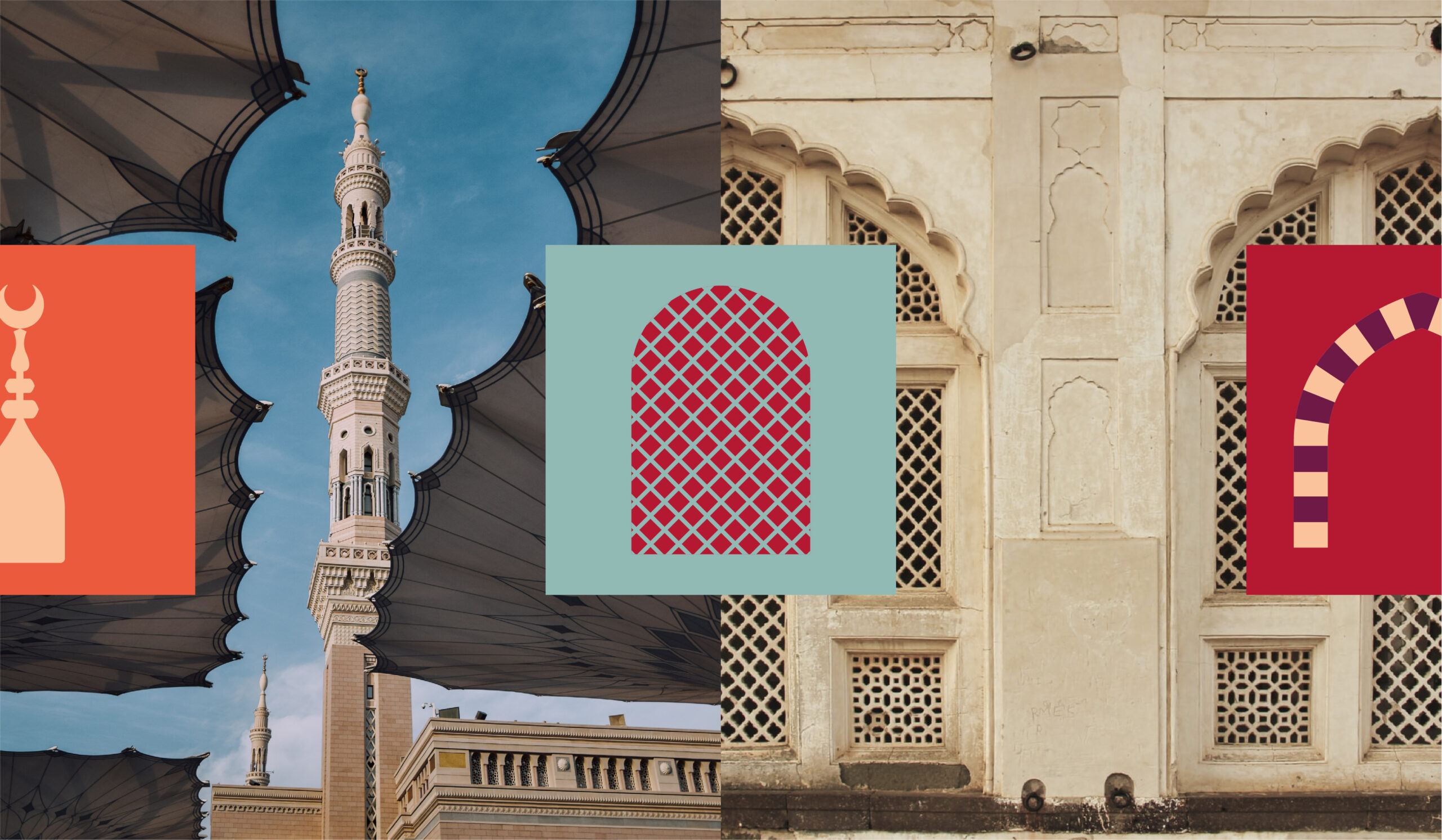 Graphic patterns inspired by Islamic architectural details overlaid on mosque and heritage site imagery, designed for the Saudi Heritage Commission by Changing Lines for the Ministry of Culture